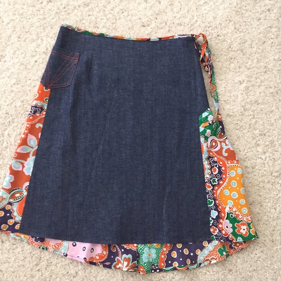 denim and silk print skirt