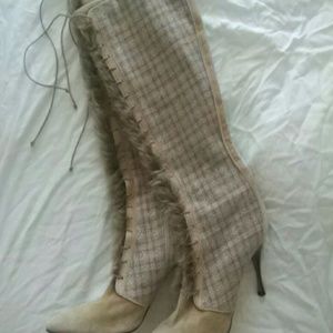 Cole Haan suede knee high boots rabbit trim