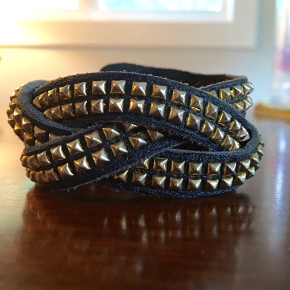 Navy Leather Studded Wrap Bracelet
