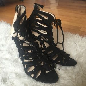Nine West Black Lace Up Suede Heels, 7.5