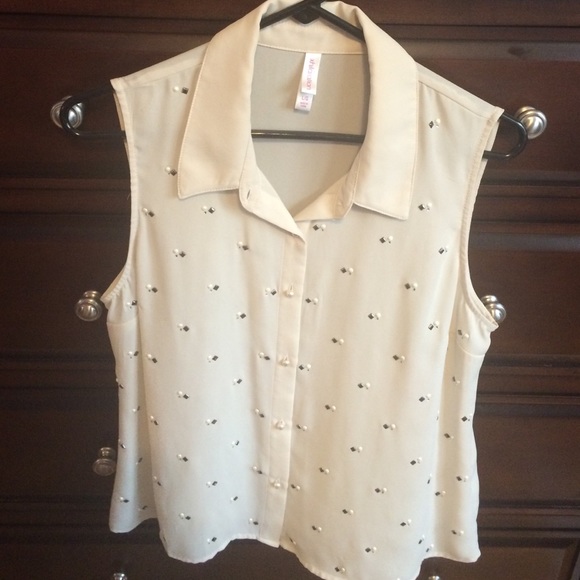 Cream embellished collared tank top