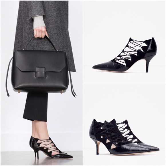 Zara High Heel Leather Point Toe Shoes With Straps - Picture 2 of 4