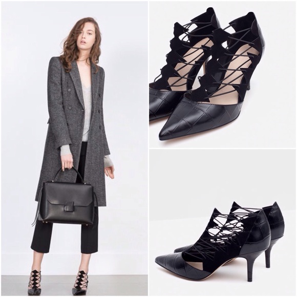 Zara High Heel Leather Point Toe Shoes With Straps - Picture 3 of 4