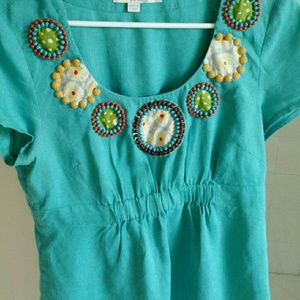 Boden Turquoise linen embellished top