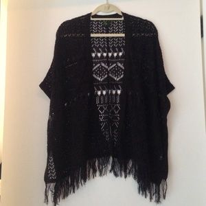 Pointelle open front poncho with fringe