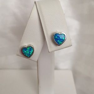 925 stamped blue opal heart studs