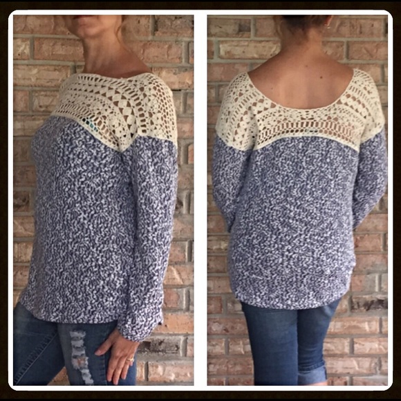 Beautiful Crochet Lace Panel Marled Sweater Top M - Picture 2 of 4