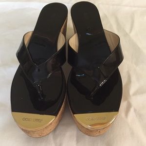 Jimmy Choo Phatos Pat Cork Wedge T-Strap Sandals