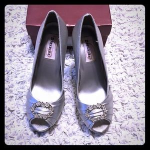 Dyeable Gianna Silver Satin Peep Toe Pumps