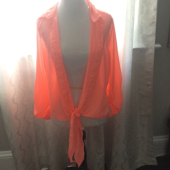 Coral button down blouse with lace detailing