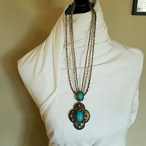 SOLD-TURQUOISE & RHINESTONE ANTIQUE LOOK NECKLACE