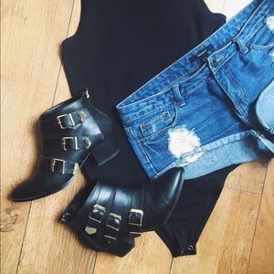 Faux-Black-Leather Gold-Buckled Booties
