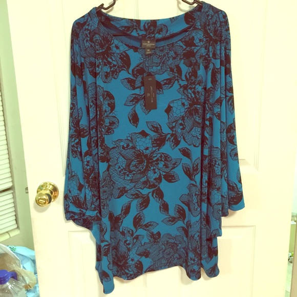 New teal and black floral blouse