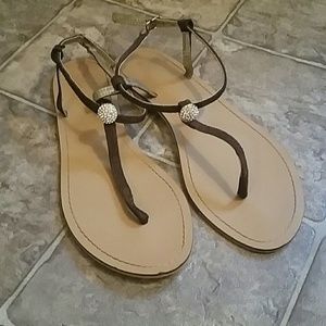 Brown suede strap sandals with gem detail