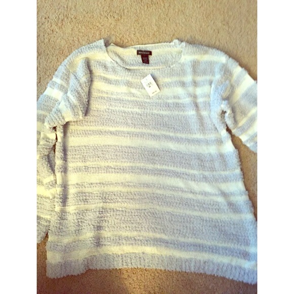 Blue and white striped fuzzy sweater