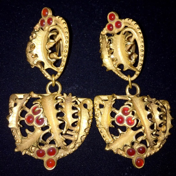 80's French Earrings - Gold Leaf Design & Stones