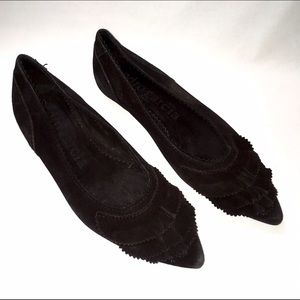 Pedro García Albany Ruffle Black Suede Flat Shoes