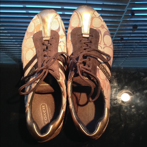 Tan and chocolate brown COACH shoes