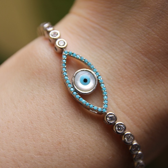 Sterling Silver Evil Eye Adjustable Bolo Bracelet