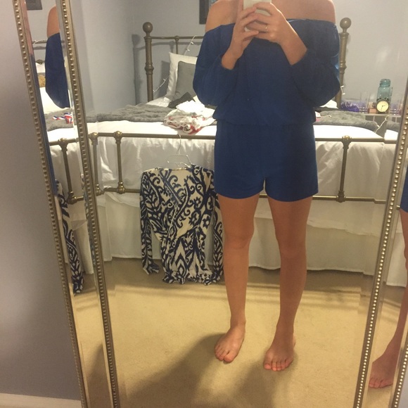 blue off the shoulder romper