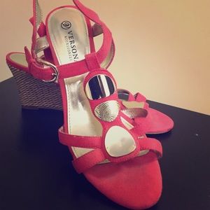 Watermelon and gold wedge sandals