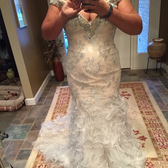 Cream and silver, off the shoulder prom dress - Picture 2 of 3