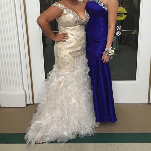 Cream and silver, off the shoulder prom dress - Picture 3 of 3