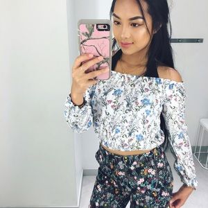 White Floral Off shoulder shirt.
