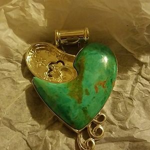 GENUINE TURQUOIS & STAMPED SILVER HEART PENDANT