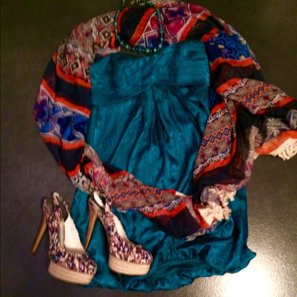 Teal Leopard Print Strapless Mini Dress