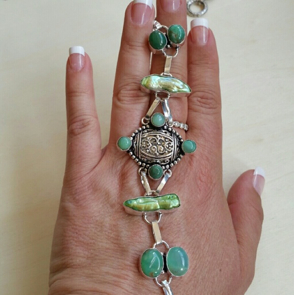 Green Chalcedony Keshi Pearl silver bracelet - Picture 4 of 4