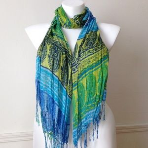 Green, blue & yellow paisley print scarf