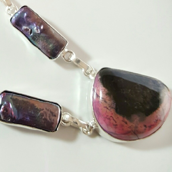 Unique Smoky Quartz Keshi Pearl Pink Black Opal Multi Stone 925 silver necklace - Picture 2 of 10