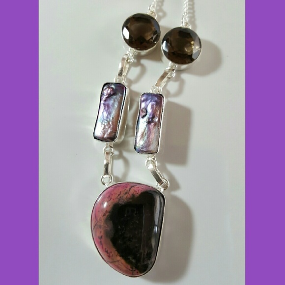 Unique Smoky Quartz Keshi Pearl Pink Black Opal Multi Stone 925 silver necklace - Picture 3 of 10