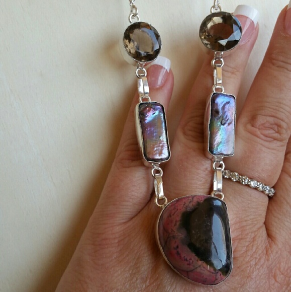 Unique Smoky Quartz Keshi Pearl Pink Black Opal Multi Stone 925 silver necklace - Picture 4 of 10