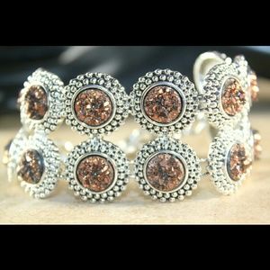 Copper brown sparkly Druzy silver link bracelet