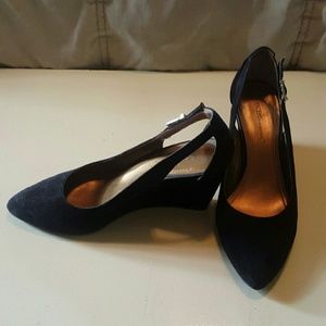 BCBG black genuine suede cutout wedge. LIKE NEW.