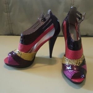 Aldo yellow, fushia, salmon, brown cutout pump