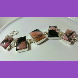 Pink black Rhodonite gemstone silver link bracelet