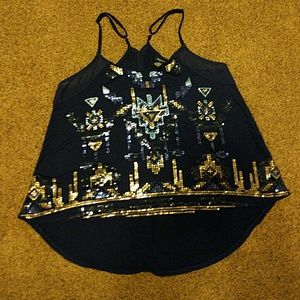 Navy Sequined High Low Keyhole Back Tank