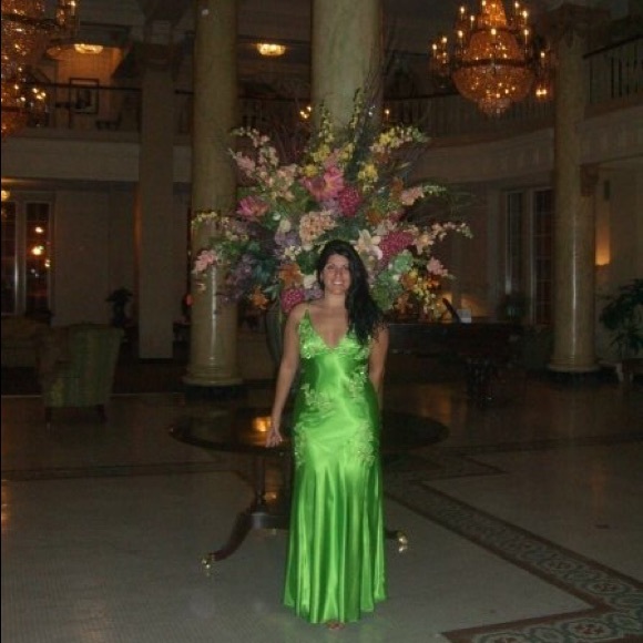 Lime Green Satin Evening Gown w/sequin appliqué