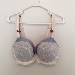 Purple and white lace bra