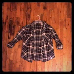 Blue and white plaid long sleeve shirt.