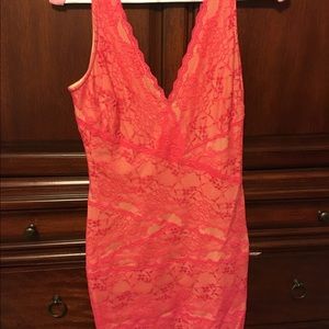 Bebe lace dress. Coral with tan under layer.