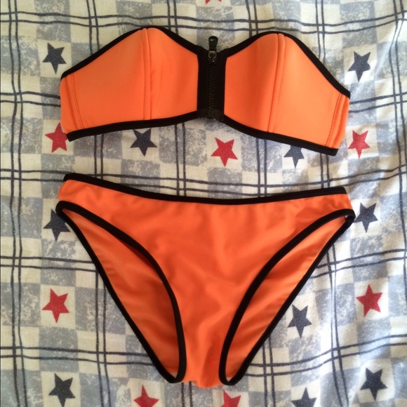 Women's orange bandeau zipper bikini