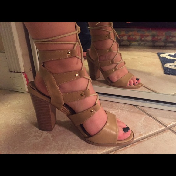 Taupe Lace Up Chunky Heels - Picture 2 of 3