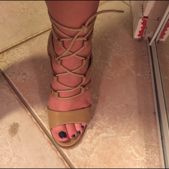 Taupe Lace Up Chunky Heels - Picture 3 of 3