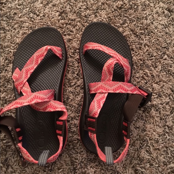 orange/pink Chacos