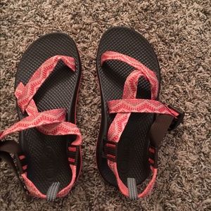 orange/pink Chacos