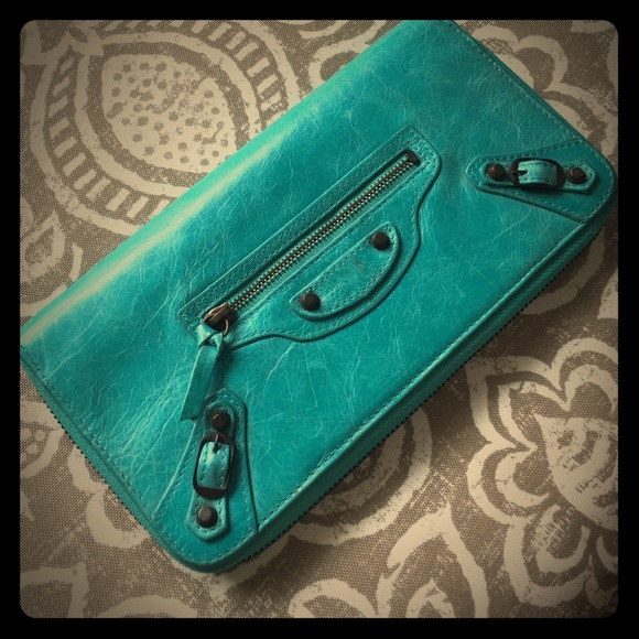 Teal Balenciaga leather clutch